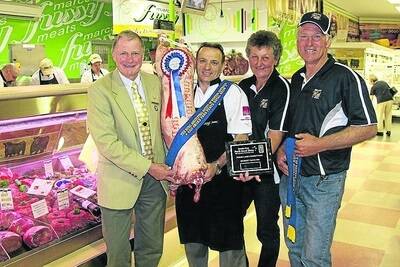 With one of the three lamb carcases that sold for the top price of $3600 for the group were RAS councillor in charge of the prime lamb section Kingsley Preston (left), buyer Marco Panizza, Marco's Fussy Meats and Kitchen, Yangebup and breeders Jim and Jan Glover, JimJan Texel stud, Boyup Brook.