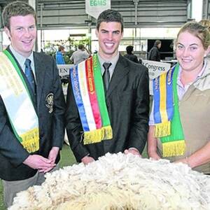National Merino Wool Judging Competition placegetters, James Hoban (left), 24, New Zealand, third placegetter; winner Rick Wise, 21, WA; and second placegetter Sam Selmos, 22, Qld.