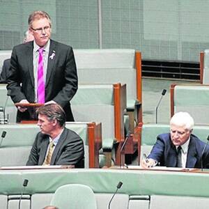 Tony Crook (standing) giving his maiden speech in the House of Representatives on Monday, with high profile rural independents Rob Oakeshott (front left), Bob Katter (front centre) and Tony Windsor (front right) listening in intently to what the new Member had to say.