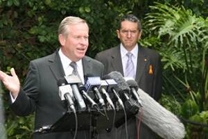 WA Premier Colin Barnett announces the latest dry season funding package as Agriculture and Food Minister Terry Redman looks on.