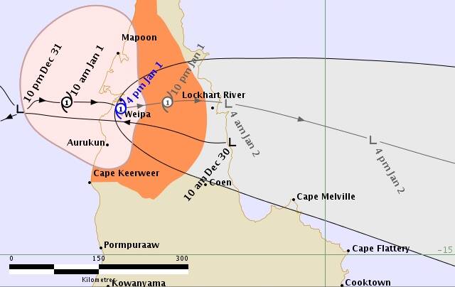 Cyclone Penny crossed the coast just south of Weipa about 4pm today.