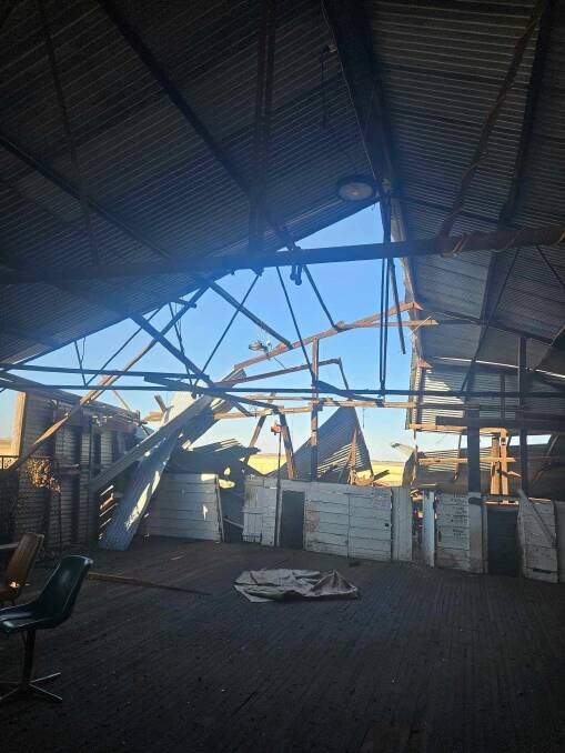 The storm completely destroyed part of the shearing sheds roof and back wall.