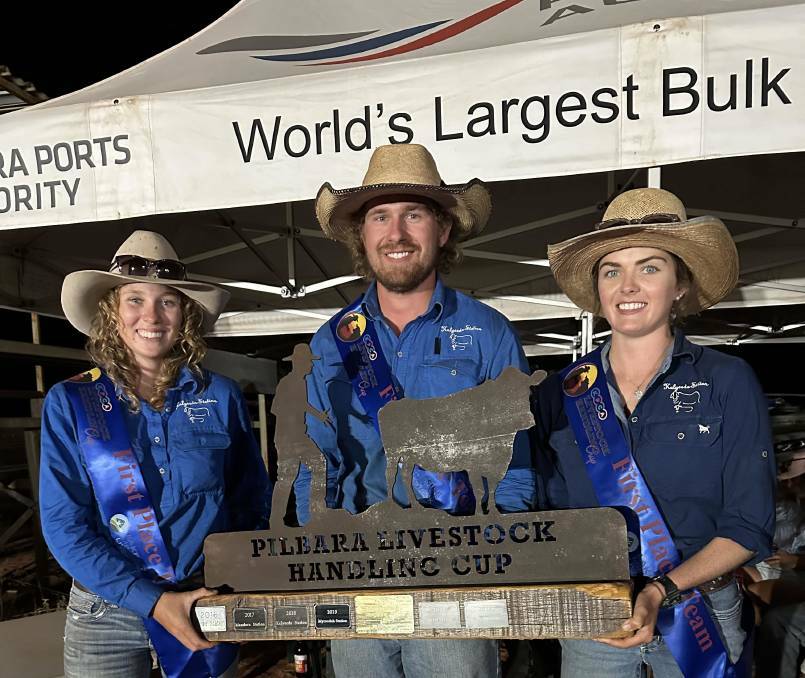Mr Hinch with Shelby Brooks (left) and Darcie Ingram after winning the Kimberley Pilbara Cattlemens Associations Livestock Handling Cup. 