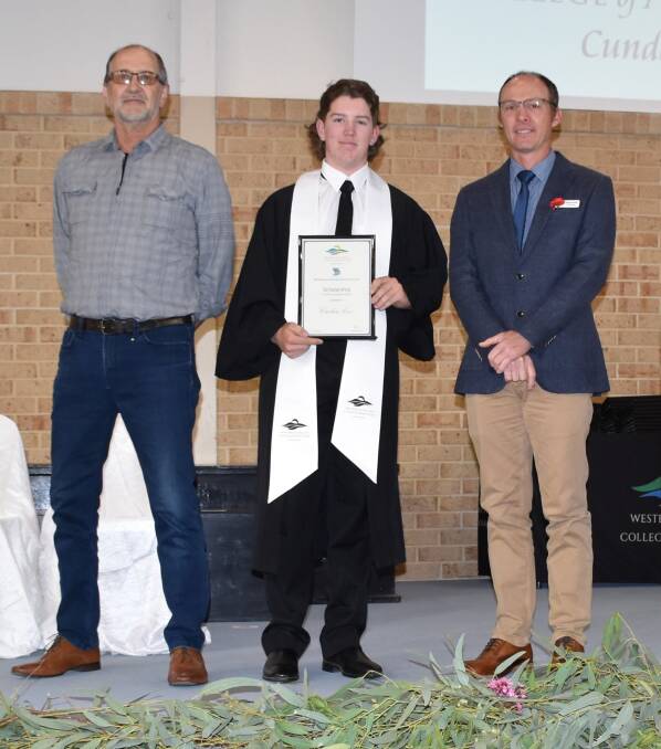 WA College of Agriculture Cunderdin, Neville Munns memorial scholarship recipient Caiden Cox (centre) with WASIA committee member Rob Cristinelli (left), Pingelly Shearing and WACOA Cunderdin farm manager Daniel de Beer.