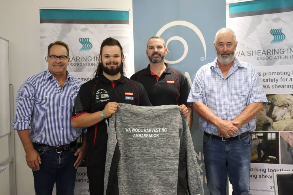  AWI program manager for wool harvesting training and development Craig French (left), with WA WoolTAG ambassador Ethan Gellatly, Heiniger general manager Dale Harris and WA WoolTAG committee chair Chris Patmore at the WA Shearing Industry Association general meeting last Saturday. At the meeting Mr Harris presented Mr Gellatly with the uniform for his trip to NZ, where he will compete in the Golden Shears.