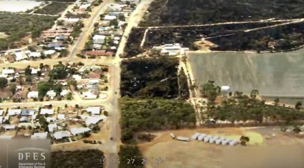 Aerial video footage released today shows just how close fire came to wiping out Jerramungup in the Great Southern. Image: Department of Fire and Emergency Services.