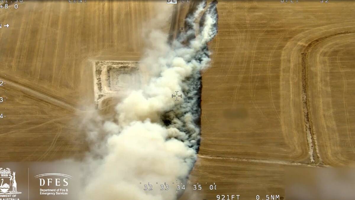 This still, taken from vision from the DFES Air Intelligence Helicopter, shows just how quickly a bushfire tore through the Wheatbelt yesterday.