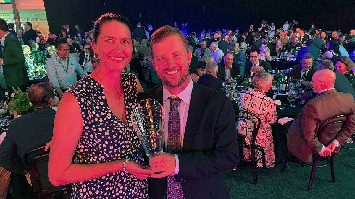 Adam Coffey with wife Jacynta at the awards night held at Beef Australia. Picture by Shan Goodwin.
