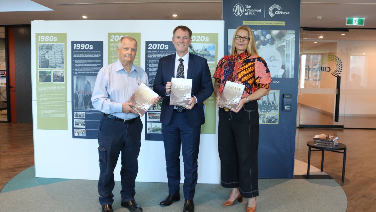 The authors of the The Fourth Quarter: The Grain Journey Continues: Peter Ramshaw (left) and Dr Katja Lee (right) with CBH chief marketing and trading officer, Jason Craig (centre), at the book's launch at CBH head office in Perth.