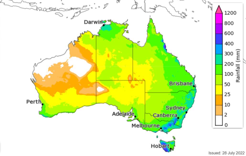 This map shows the rainfall totals that have a 75 per cent chance of occurring for September to November across Australia. Source: Bureau of Meteorology.