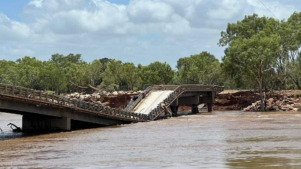 The Fitzroy Crossing Bridge last week, with the water edging towards its peak of 15.81 metres. Picture supplied by Callum Lamond.