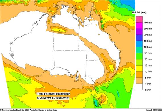 The Bureau of Meteorology's eight day rainfall forecast from September 5. 