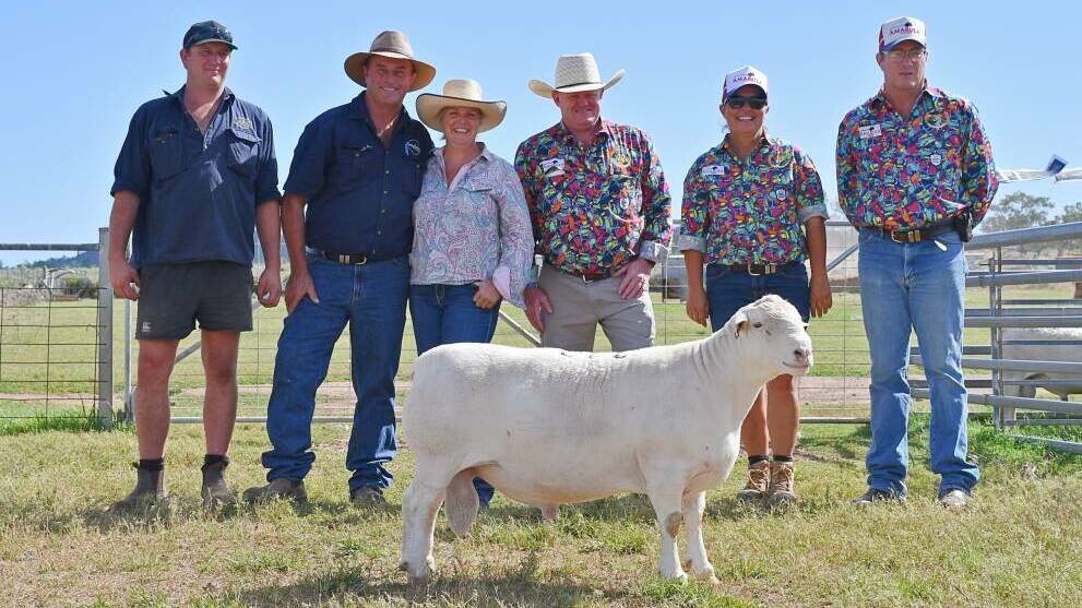 Buyers, Rob Edge, LEI Farming, Kevin and Narelle Spears, Dusty Downs, Hermidale, auctioneer John Settree and vendors Lorroi and Justin Kirkby, with the top-selling $29,000 ram. Picture: Billy Jupp