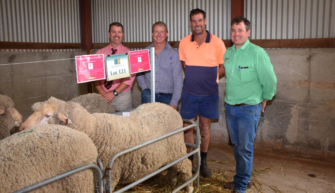 
In the sale the East Mundalla stud donated the proceeds of this ram to the Shearing For Liz Pink Day fundraiser charity for Breast Cancer Research - WA, and it sold to the Lloyd family, IF & SJ Lloyd, Newdegate, for $2600. With the ram were Elders stud stock auctioneer Nathan King (left), East Mundalla co-principal Daniel Gooding, buyer Ian Lloyd and Nutrien Livestock Breeding representative Mitchell Crosby, who was the losing bidder on the ram.