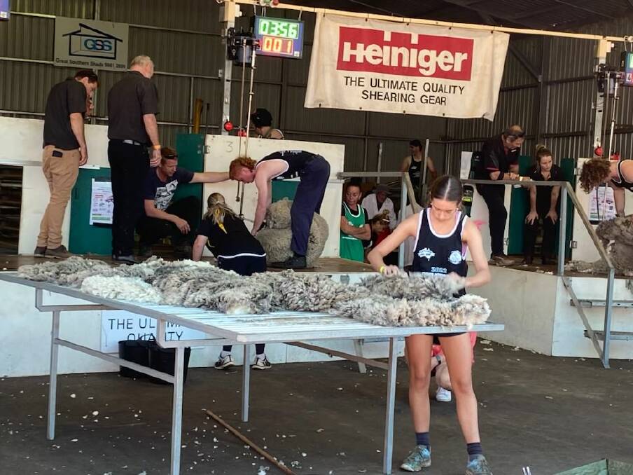 Bella Goss wool handling at Wagin Woolorama earlier this year. Bella said the head of boarding at her school, Santa Maria College, saw her wool handling skills on the day, and encouraged Bella to speak about her experiences at the boarders week school assembly.