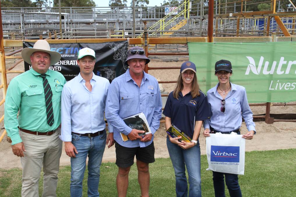 Nutrien Livestock auctioneer and Capel agent Chris Waddingham (left), Jaring Rijpma, Black Market Angus stud, Boyanup, Dean Taaffe (manager) and Sarah Creigh, Capel Creek, Donnybrook and volume buyer sponsor Kylie Meloury, Virbac Australia. Capel Creek purchased three bulls at the sale costing from $8000 to $13,000.
