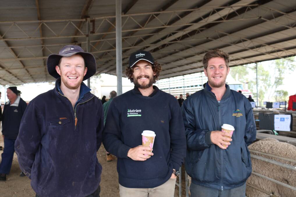Arra-dale studs Reece Sutherland (left), Perenjori, caught up with Mitchell Hutton, North Midlands Ag Services, Carnamah and buyer Brendan Walton, Patricia Downs, Carnamah.