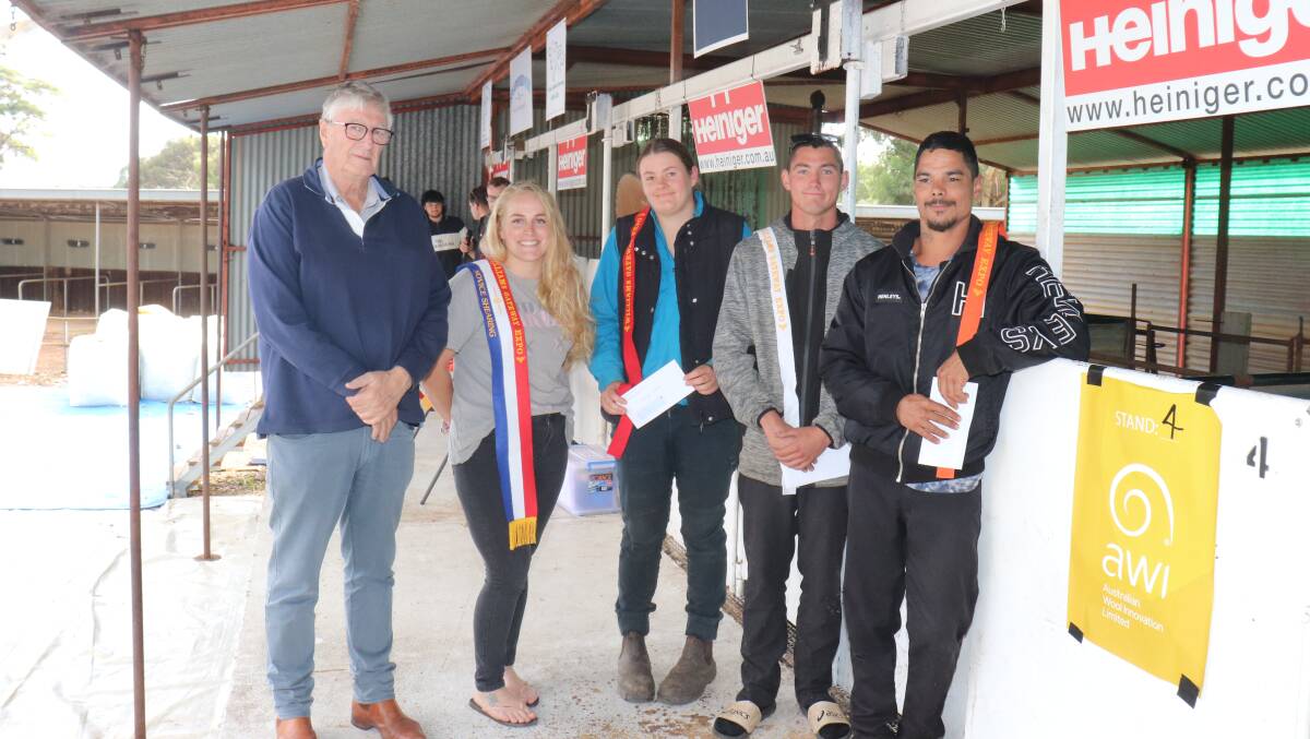 Mr Webster (left), is with the first place novice class winner Stacci Chisholm, Manjimup, runner up Zarah Squiers, Quairading, Mitchell Baker, Toodyay, who was fourth, Stephen McCarthy, Trayning, who finished third.