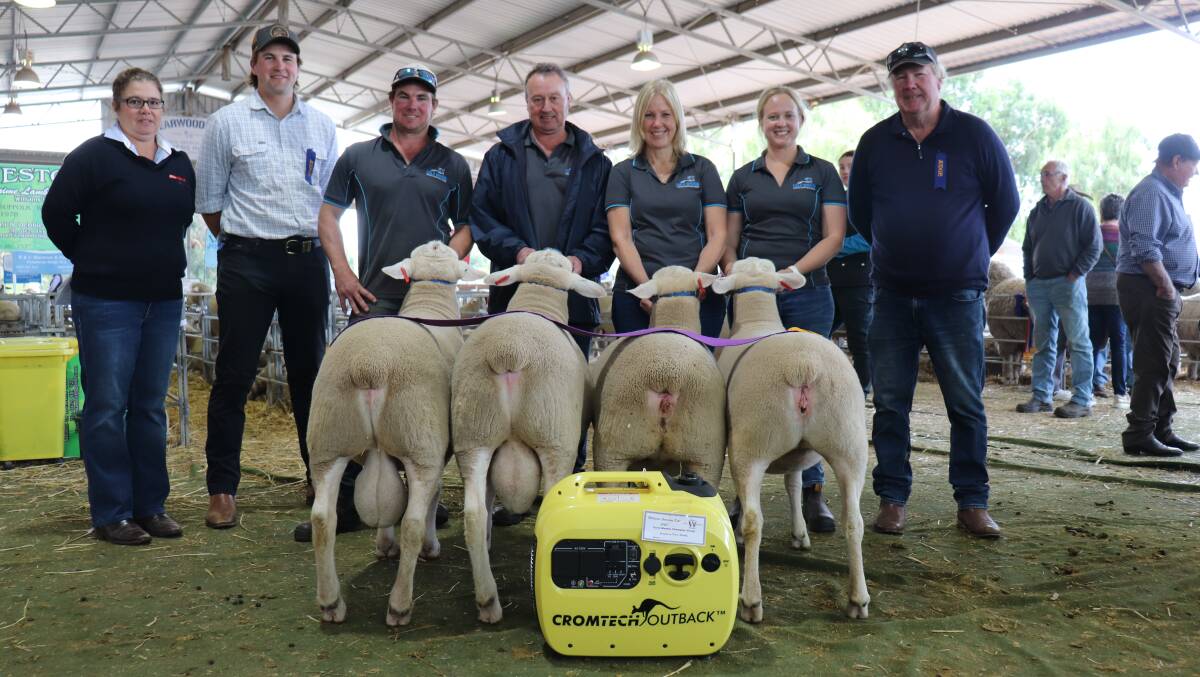 Farm Weekly livestock manager, Jodie Rintoul (left), presented the prize as sponsor of the interbreed group of two rams and two ewes. With her are judge Brenton Addis, Yonga Downs White Suffolk stud, Broomehill and Codji Springs White Suffolk stud, studmaster Ryan Marwick, Pumphreys Bridge, David Haines, Merredin, Codji Springs Rechelle Marwick and Courtney Marwick, and judge Laurie Fairclough, Stockdale Poll Dorset and White Suffolk studs, York.