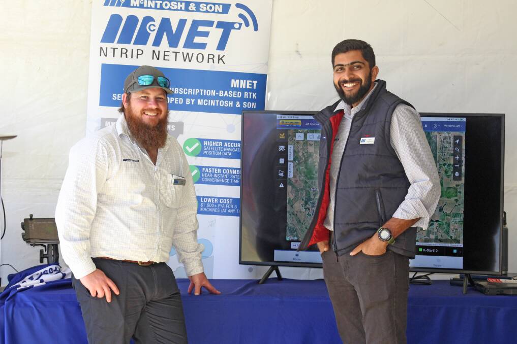 Josh White (left), McIntosh & Son regional precision farming manager with Sagar Vaghasiya who has just joined the group as precision farming specialist, looking after the Geraldton, Merredin, Moora and Wongan Hills dealerships.