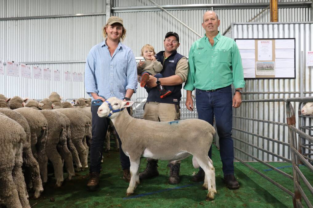 
Kohat White Suffolk and Poll Merino stud principal Rivers Hyde (left), Jye Duggan, Ongerup and Kobe, 17 months and Nutrien Ag Solutions, Jerramungup. Foreman Rural principal Neil Foreman with the top-priced $2200 White Suffolk ram.