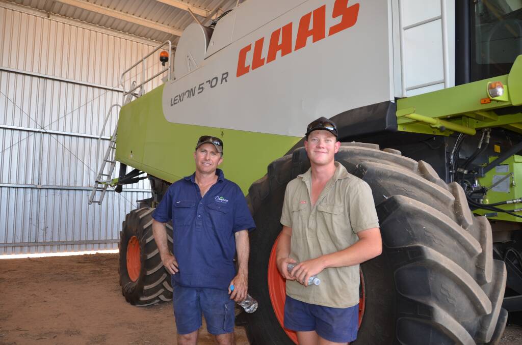 Ben Hobley (left) from a neighbouring farm and Clancy Norrish, Kojonup, with the CLAAS Lexion 580R combine harvester that was passed in at auction, but sold later for $75,000.