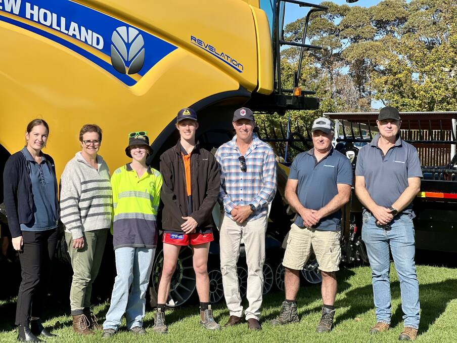 Representatives from McIntosh & Son were on hand to chat with the Great Southern Grammar students about the machinery, including the New Holland harvester. Pictured are Jessica Drake-Brockman (left), sales admin, McIntosh & Son, Victoria Turnor, head of secondary school, Great Southern Grammar, Brianna Cunningham, boarding captain, Steven Wiech, boarding captain, Ashley Keatch, head of boarding, with McIntosh & Son sales representatives Michael Fethers and Mark Tierney.