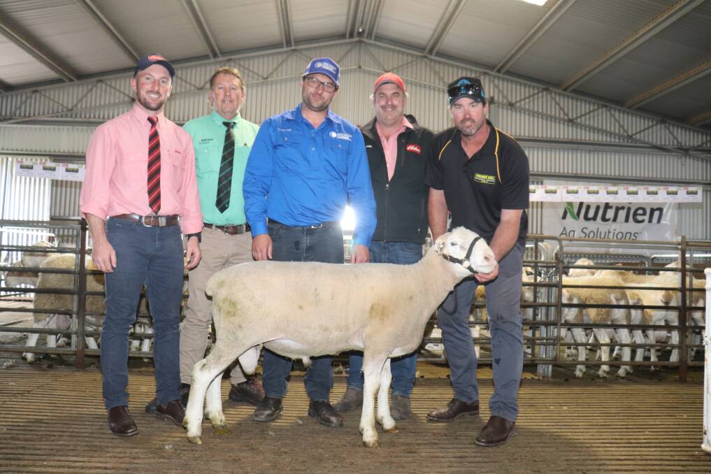 With the top-priced $8000 White Suffolk ram were buyer and Borree Park stud manager Michael Potter (centre), with Elders auctioneer and Gnowangerup agent James Culleton (left), Nutrien Livestock Breeding representative Roy Addis, Elders Kojonup livestock agent Jamie Hart and Golden Hill stud principal Nathan Ditchburn.