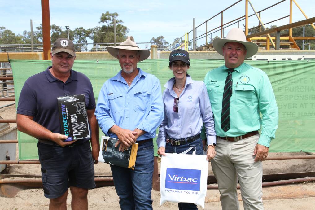 Top-priced bull buyer Mark Harris (left), Treeton Lake, Cowaramup, Black Market Angus stud principal Paul Torrisi, Boyanup, top-priced bull sponsor Kylie Meloury, Virbac Australia and Nutrien Livestock auctioneer and Capel agent Chris Waddingham, following the annual Black Market Angus bull sale at Boyanup last week. Treeton Lake purchased three bulls and paid the sales $22,000 top price for Black Market Rome T072 (by Black Market Rome R065).