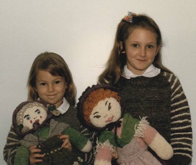 Ali (left) aged 4 and her sister Emma, 7 in 1988 playing with toys created under their grandmothers label, Shirbaa.