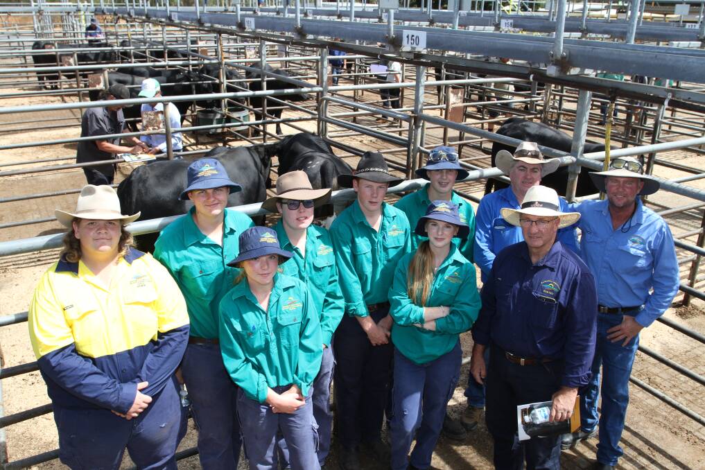 WA College of Agriculture, Harvey, year 11 students Jake Lynch (left), Jake Pich, Amelia Addison, Sean Smith, Will McLarty, Samara Moss and Hamish Omodei with WACOA Harvey farm manager Tony Abel, assistant farm manager Brad Falkingham and cattle technical officer Brian Edwards attended the Black Market bull sale.
