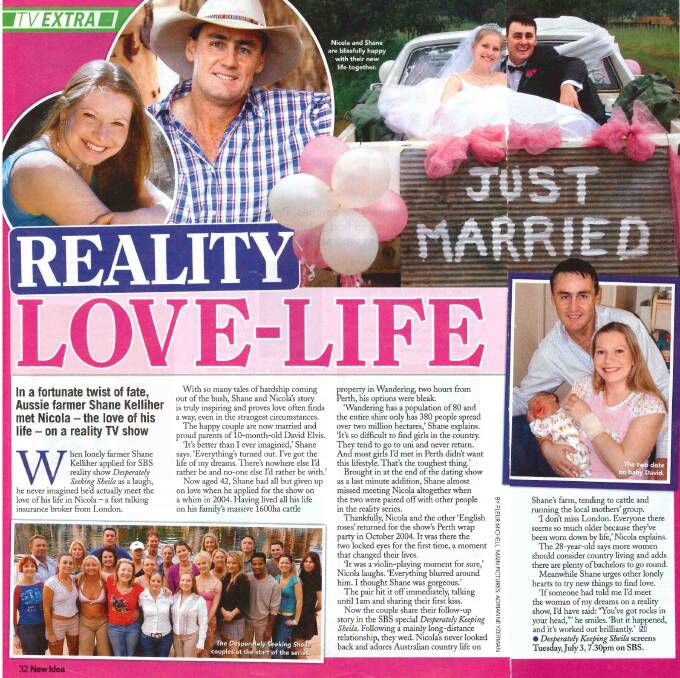  The Kellihers met as part of a reality TV series. Their love story was covered at the time, including in this piece from New Idea magazine.