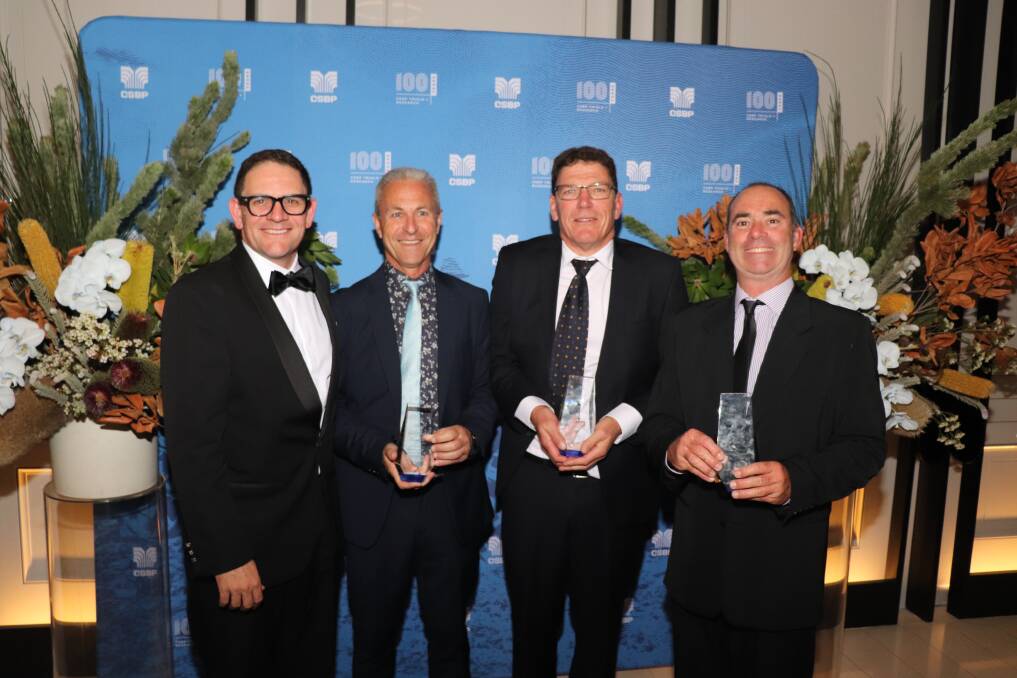 CSBP general manager Mark Scatena (left) with the award recipients for outstanding contribution to the company, account manager, nutrition and sales Luigi Moreschi, senior agronomist James Easton and senior agricultural officer Ryan Guthrie. CSBP senior account manager, nutrition and sales Keith Gundill was absent on the night.