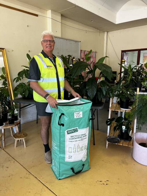 All Good Refund Depot operations manager Norm Chilcott with one of the bags that will be used at the Wagin Woolorama to collect empty bottles and cans.