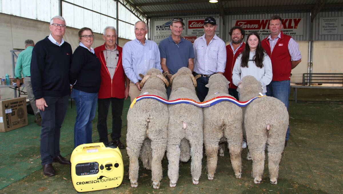 The Rintoul familys Tilba Tilba stud, Williams, was awarded first place in the Farm Weekly-sponsored Merino breeders group class at this years Act Belong Commit Williams Gateway Expo on Saturday. With the winning group of two rams and two ewes were Farm Weekly general manager Trevor Emery (left), Farm Weekly livestock manager Jodie Rintoul, judge Preston Clarke, Perth, Tilba Tilba stud principals Stuart and Andrew Rintoul, Geoff Hillman, Waroona, judge Steven Bolt, Claypans stud, Corrigin, Jessica Rintoul, Tilba Tilba stud and judge Paul Norrish, Angenup stud, Kojonup.
