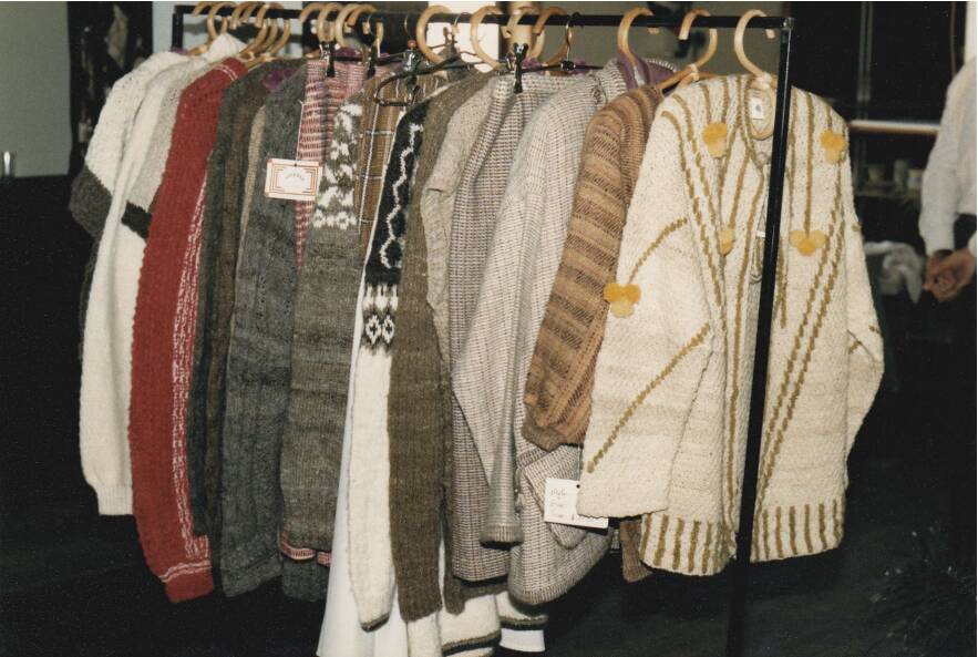 A rack of Shirbaa knitted clothing, from the 1980s.