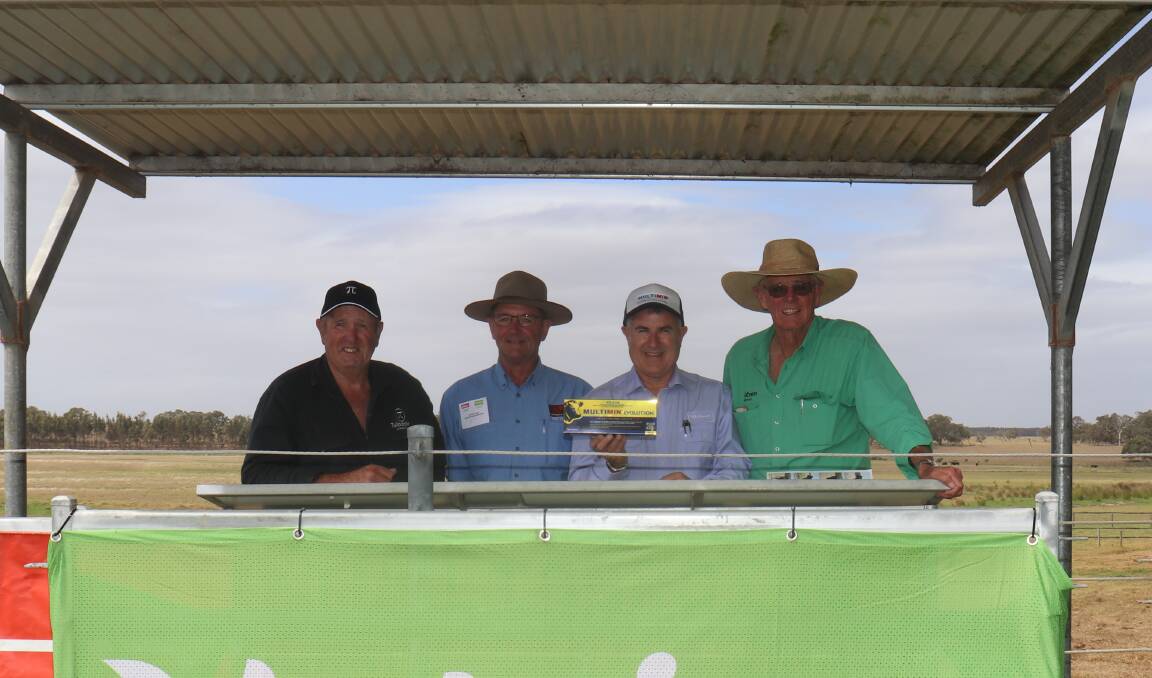 With the top price buyer, Barry Panizza (second left), BJ Panizza Family Trust, Albany, who paid a sale high of $16,000, were Tullibardine stud principal Alastair Murray (left), Virbac area sales manager Tony Murdoch and Nutrien Livestock, Mt Barker agent Harry Carroll.