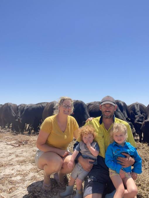 Steele Rudd with children Eleanor and George with some of their breeders. Due to the amount of cattle the Mid West property can handle, the Rudd family aim to produce a smaller-framed animal to suit their property.
