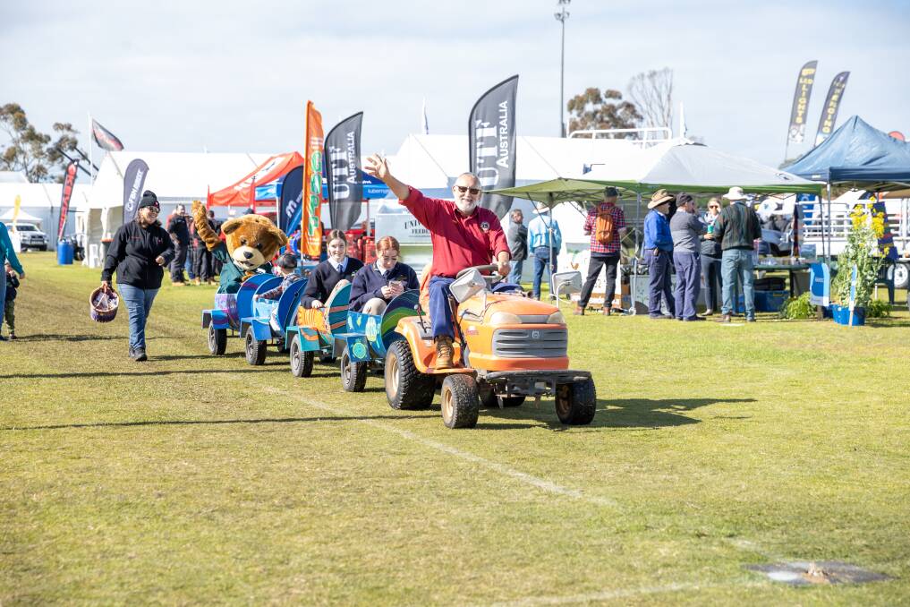 The Dongara Lions Club ride-on train with Kura bear from St John Ambulance at the 2021 event. Picture is supplied.