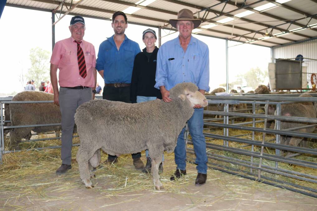 
Elders, Wongan Hills branch manager Jeff Brennan (left), buyer Edward Ludemann, Bolgart and Ejanding representative Shanae Jones and her father and stud principal Brett Jones with the $4500 top-priced ram at last weeks Ejanding on-property ram sale at Dowerin purchased by Mr Ludemann.