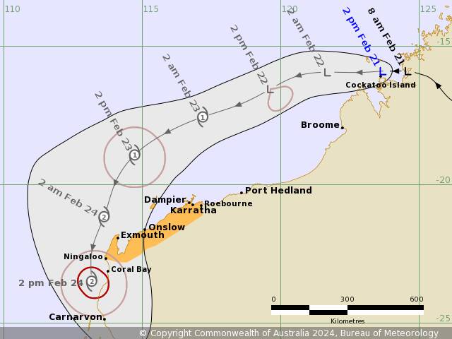 While currently a tropical low, the system is expected to reach tropical cyclone intensity on Friday. Picture via the Bureau of Meteorology.