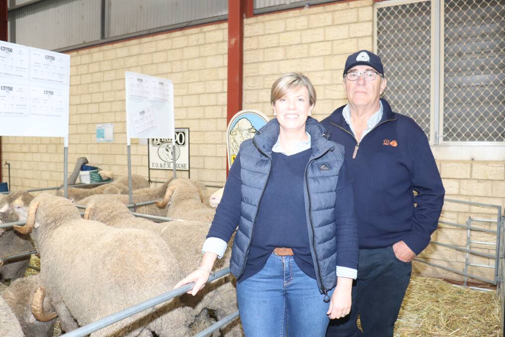 Jodie King, who next month will become AWI industry relations officer for WA, with AWI chairman Jock Laurie at the Rabobank WA Sheep Expo & Merino Ram Sale at Katanning last week.