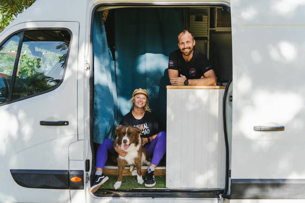 Patrycja Hannagan, her husband Ben and their dog Zen. The two met at a circus class Ben was teaching and married 12 months later. After COVID-19 the couple decided they wanted to be free of the 9-5 and now travel the country in their Renault Master van, named Moose.