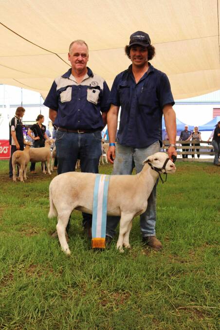 Judge Adrian Veitch, Narrogin, and the reserve champion UltraWhite ewe from Hillcroft Farms, Popanyinning held by Josh Barton.