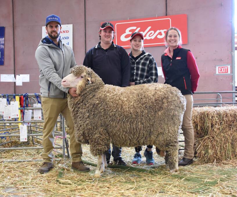 The Wililoo stud, Woodanilling, offered two Merino rams and one Poll Merino ram in the sale and its prices topped at $5500 for itsPoll Merino sire when it was knocked down to the Carribber stud, Southern Cross. With the ram were Wililoo co-principal Rick Wise (left), buyers James Steel and Erika Edis, Carribber stud and Elders WA stud stock representative Lauren Rayner.