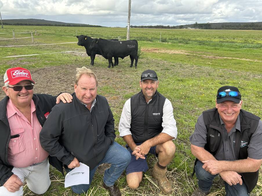 With the $17,000 top-priced bull Lawsons Home Town T1560 (by United States sire GAR Home Town) purchased by a buyer from Mt Gambier, South Australia, at the Lawsons Angus yearling bull sale at Manypeaks last Friday on AuctionsPlus were Elders Albany agent Wayne Mitchell (left), Lawsons Angus stud principal Harry Lawson, Yea, Victoria, Lawsons Angus WA representative Bevan Ravenhill, Manypeaks and Independent Rural Agents Pemberton principal Colin Thexton.