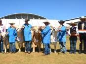 Andrew and Anne Thompson, Venturon Livestock, Boyup Brook, WA, Amy Bolton, Harris Thompson, Boyup Brook, David Bolton, Angus Llewelyn, Christie Fuller, RAS cattle committee chair, Michael MacCue and the judge, Ross Thompson, Millah Murrah, Bathurst. Picture by Simon Chamberlain