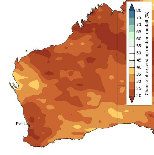 The Bureau of Meterologys chances of exceeding median rainfall graph, which shows most parts of the State have less than a 25 per cent chance of exceeding rainfall totals.
