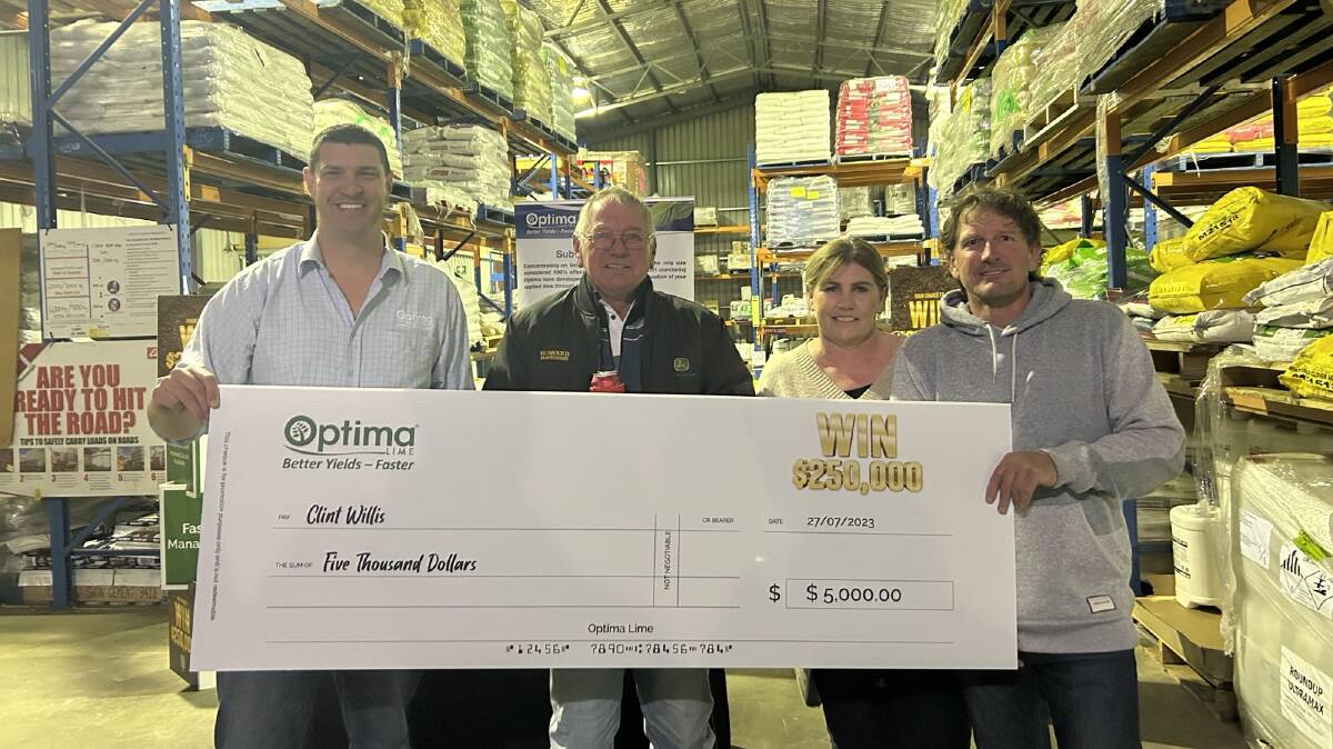 It was smiles all around when the Williss family won the Optima Lime prize from Elders Mt Barker. Optima Lime general manager of operations Morgan Richards (left), with Ballidue Pastoral family Mal Williss, Tammy Williss and Clint Williss.