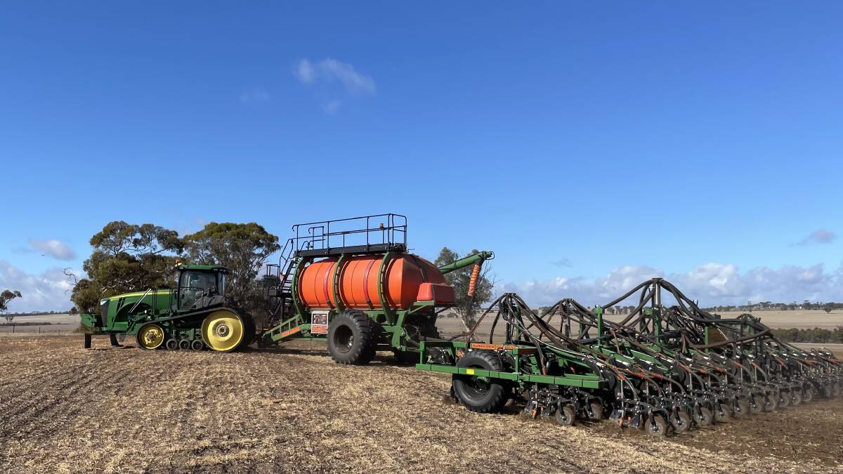 The new set up at the Evans farm  including a new Ausplow aircraft and Ausplow DBS 50 foot bar. Mr Evans was happy he was seeding into some moisture this year.